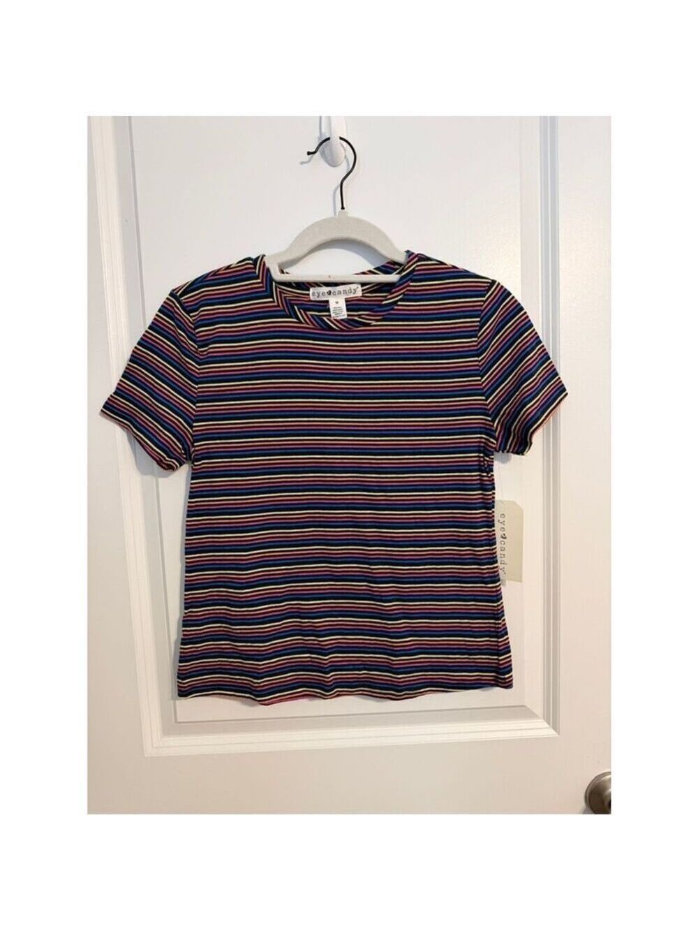 Eye Candy Rainbow Stripe T-Shirt NWT Black Crew Neck Short Sleeve Tee Girls M